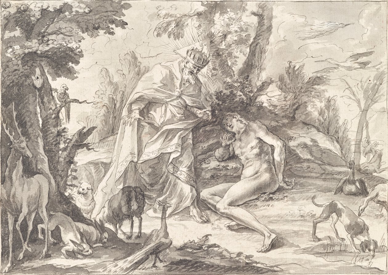 God de Vader en Adam in het paradijs door Gottfried Bernhard Götz