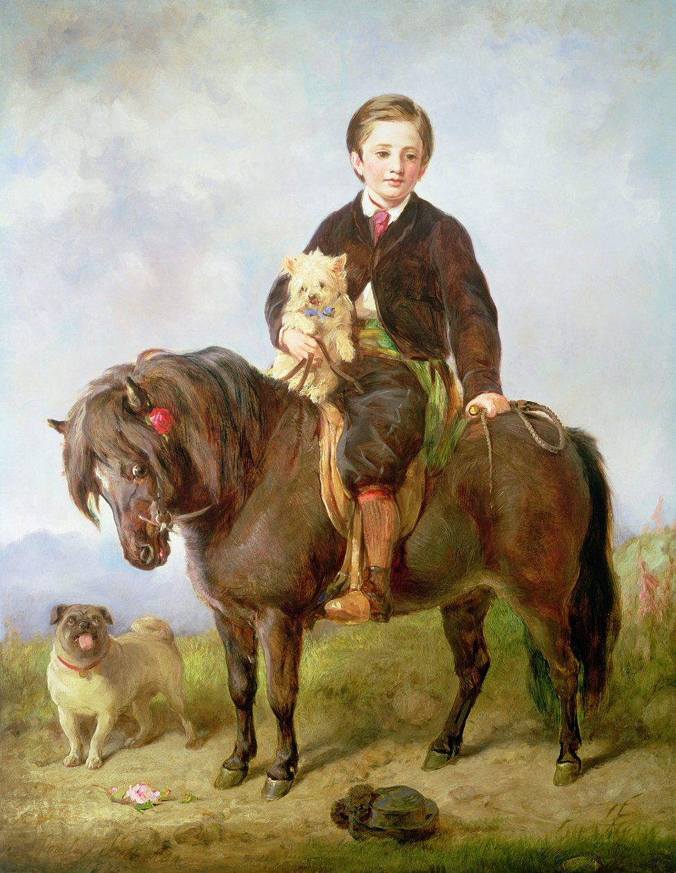 John Samuel Bradford als jongen zittend op een shetlandpony met een mopshond, 19e eeuw door Gourlay Steel