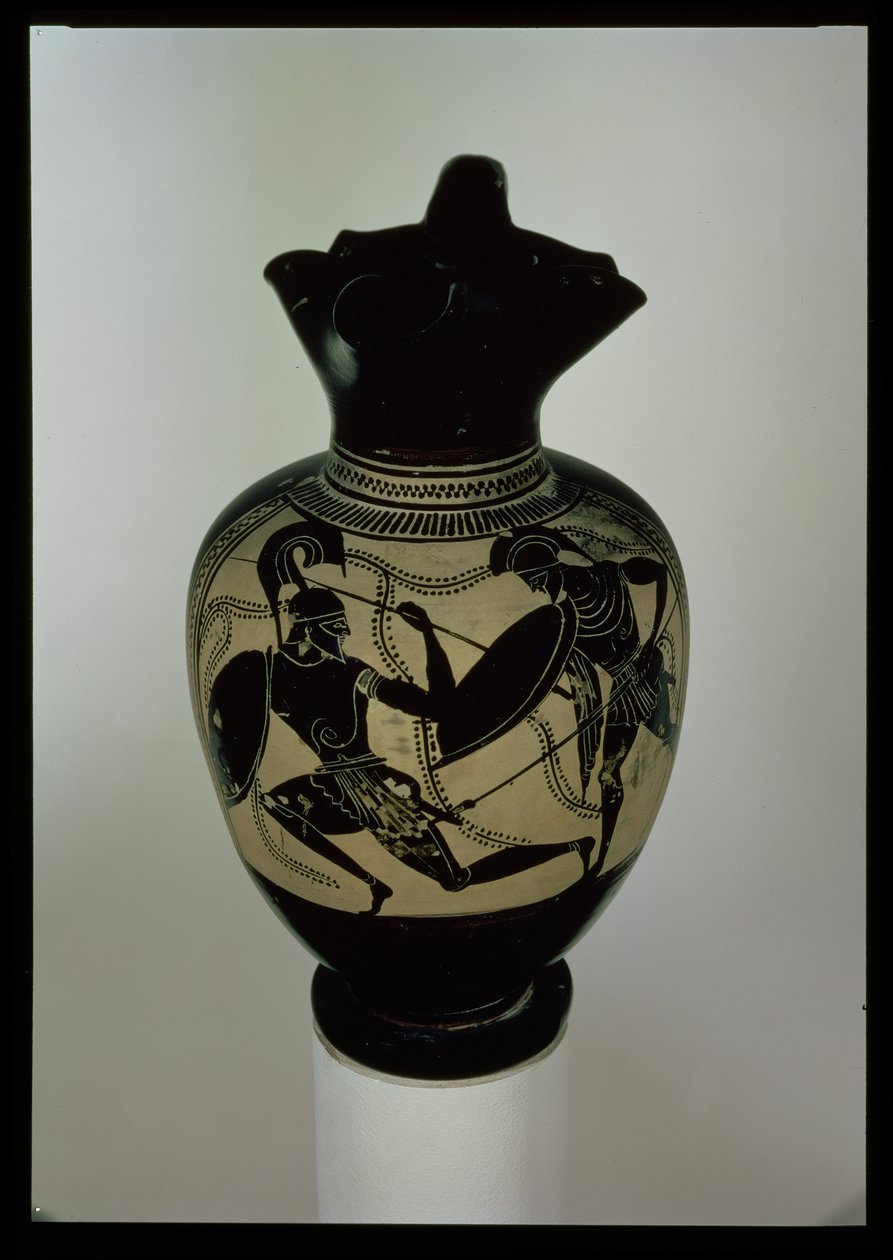Atheense zwartfigurige oinichoe versierd met twee vechtende krijgers (keramiek) door Greek