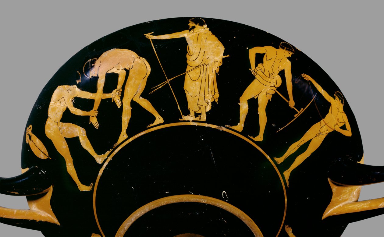 Atheense roodfigurige beker; afbeelding van een trainer met worstelaars en andere atleten, 480 v.Chr. (keramiek) door Greek