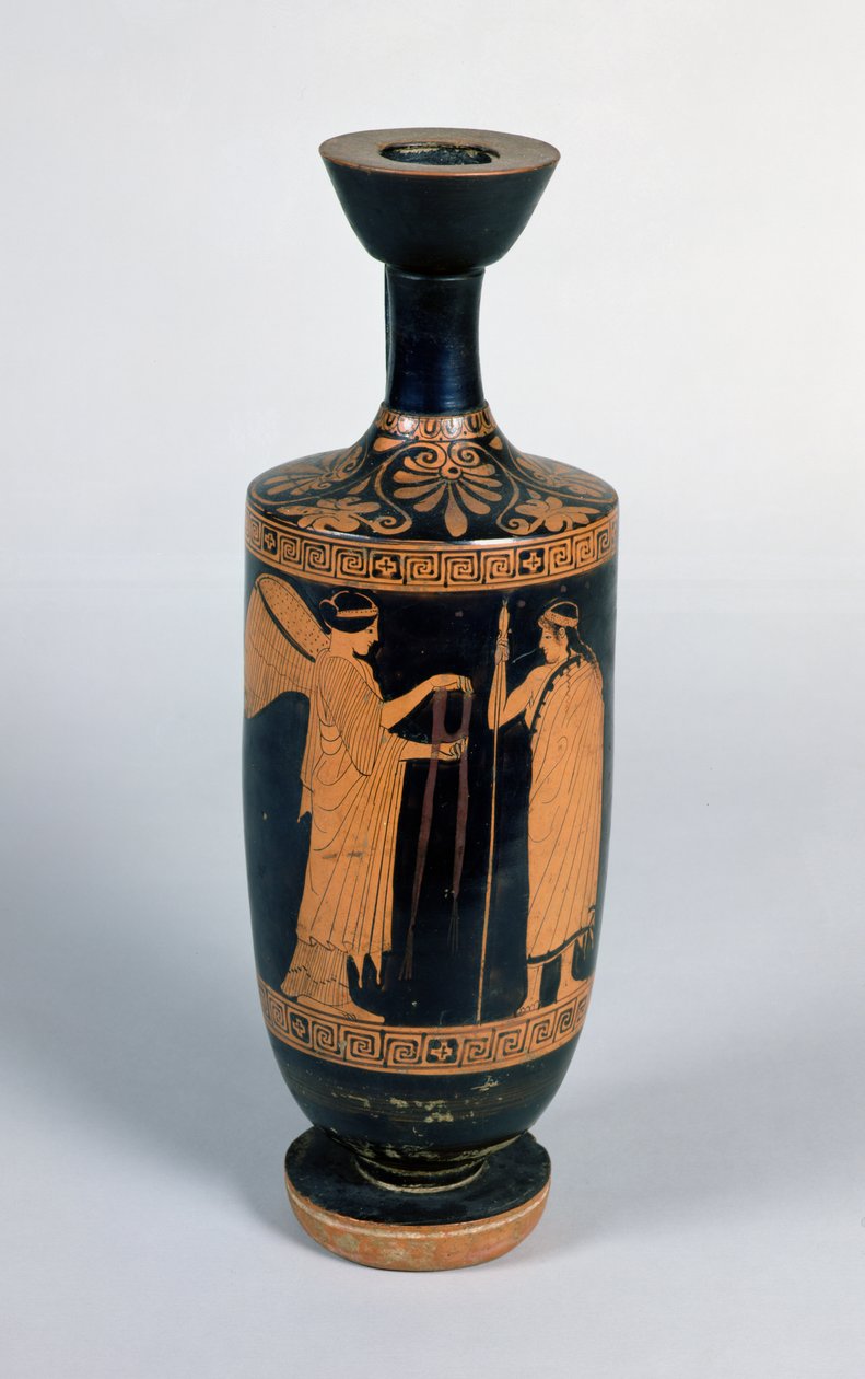 Attische Lekythos, met een nike (gevleugelde overwinning) die een krans aanbiedt aan een jongeman, ca. 480-470 v.Chr. door Greek