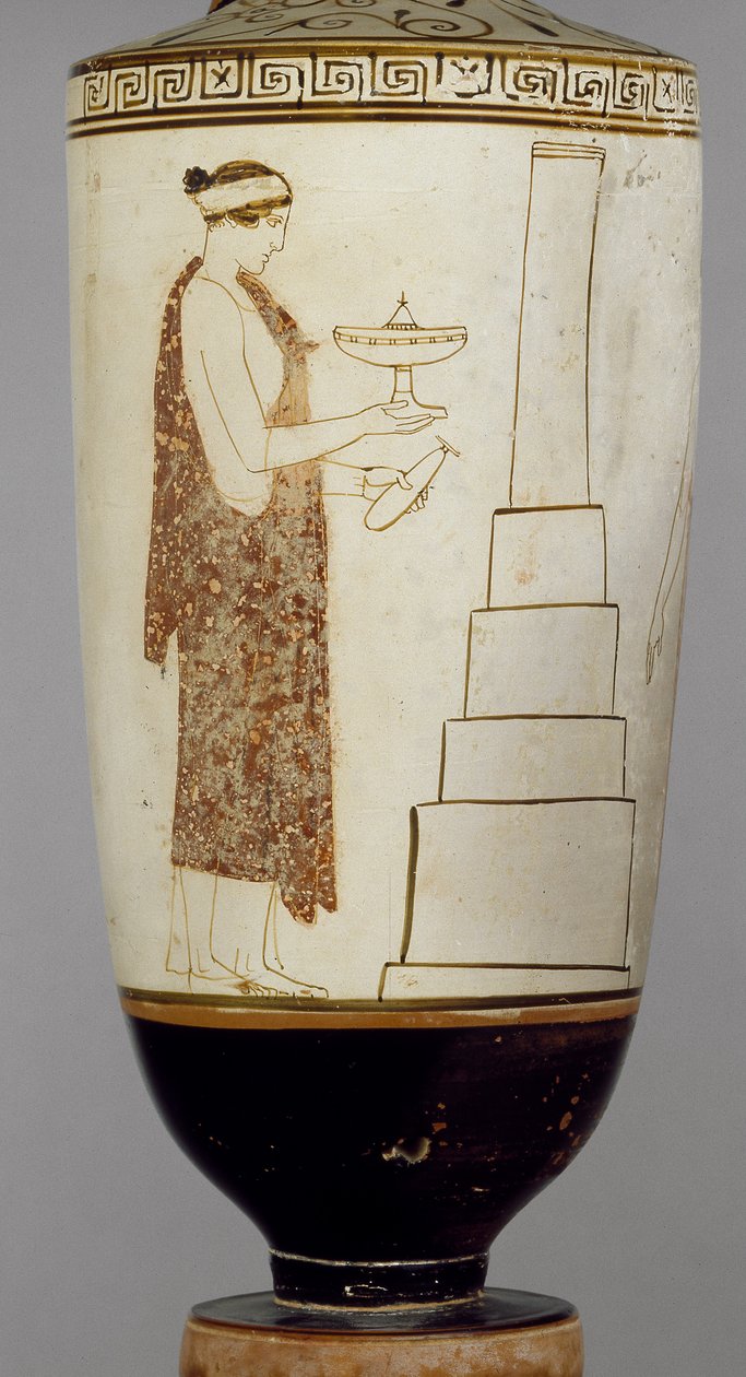 Attische wit-grond lekythos met een vrouw en jongeling bij een graf (keramiek) door Greek