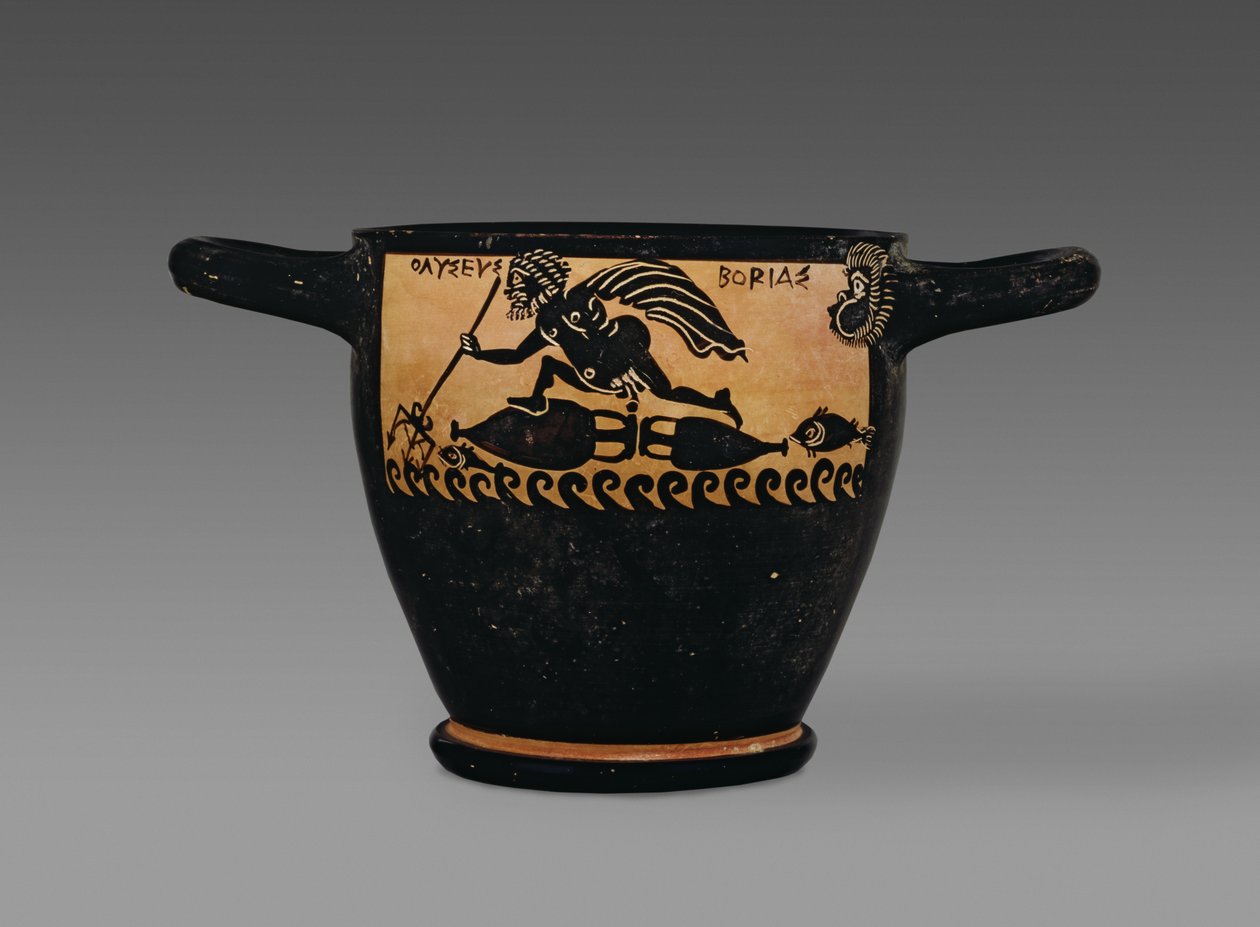Boeotische zwart-figuur skyphos, versierd met een scène van Odysseus die door Boreas over de zee wordt geblazen, uit de werkplaats van de Mystae Schilder, Thebe, Boeotië, laat 5e eeuw v.Chr. door Greek