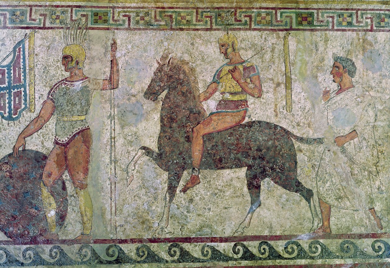 Ruiter en een voetsoldaat, grafschildering uit Paestum door Greek