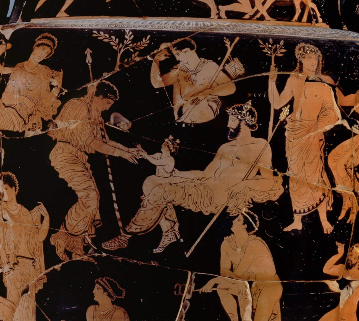 De Geboorte van Dionysus, Proto-Apulische roodfigurige krater, laat 5e eeuw v.Chr. - vroege 4e eeuw v.Chr. (keramiek) (detail) door Greek