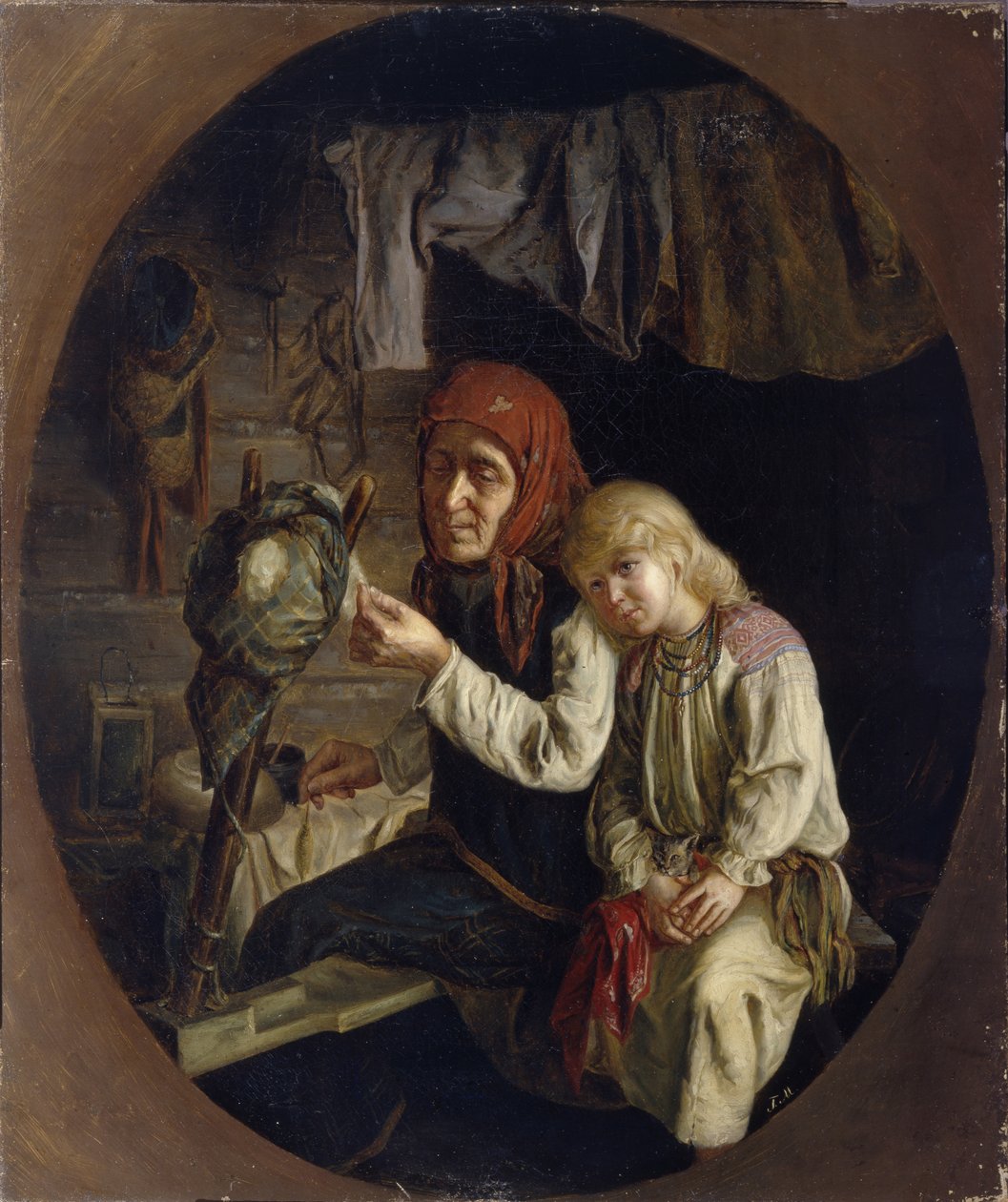 Spinnenles, 1859 door Grigori Grigoryevich Myasoedov