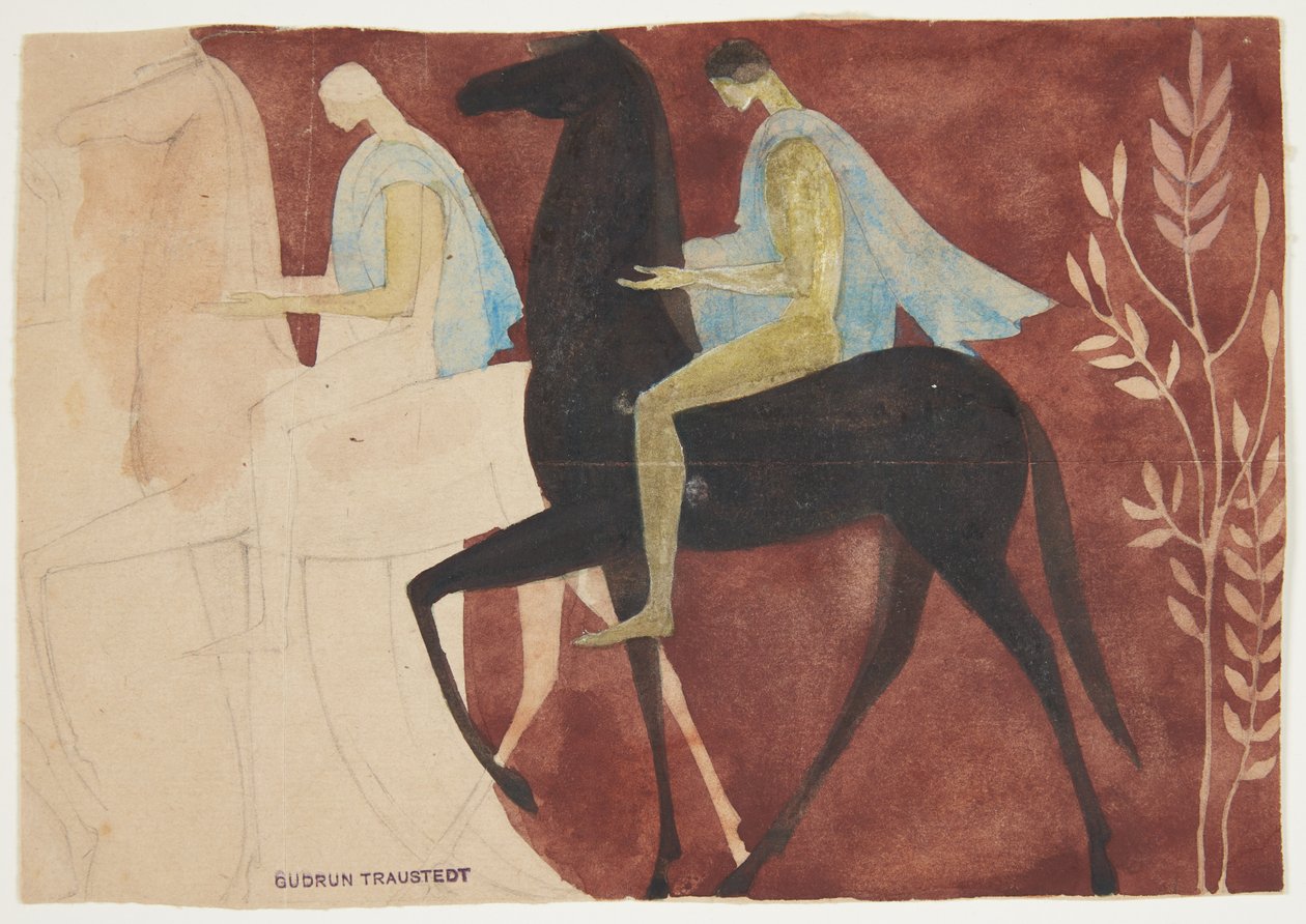 Twee jongemannen te paard. Ontwerp voor kamerdecoratie door Gudrun Traustedt
