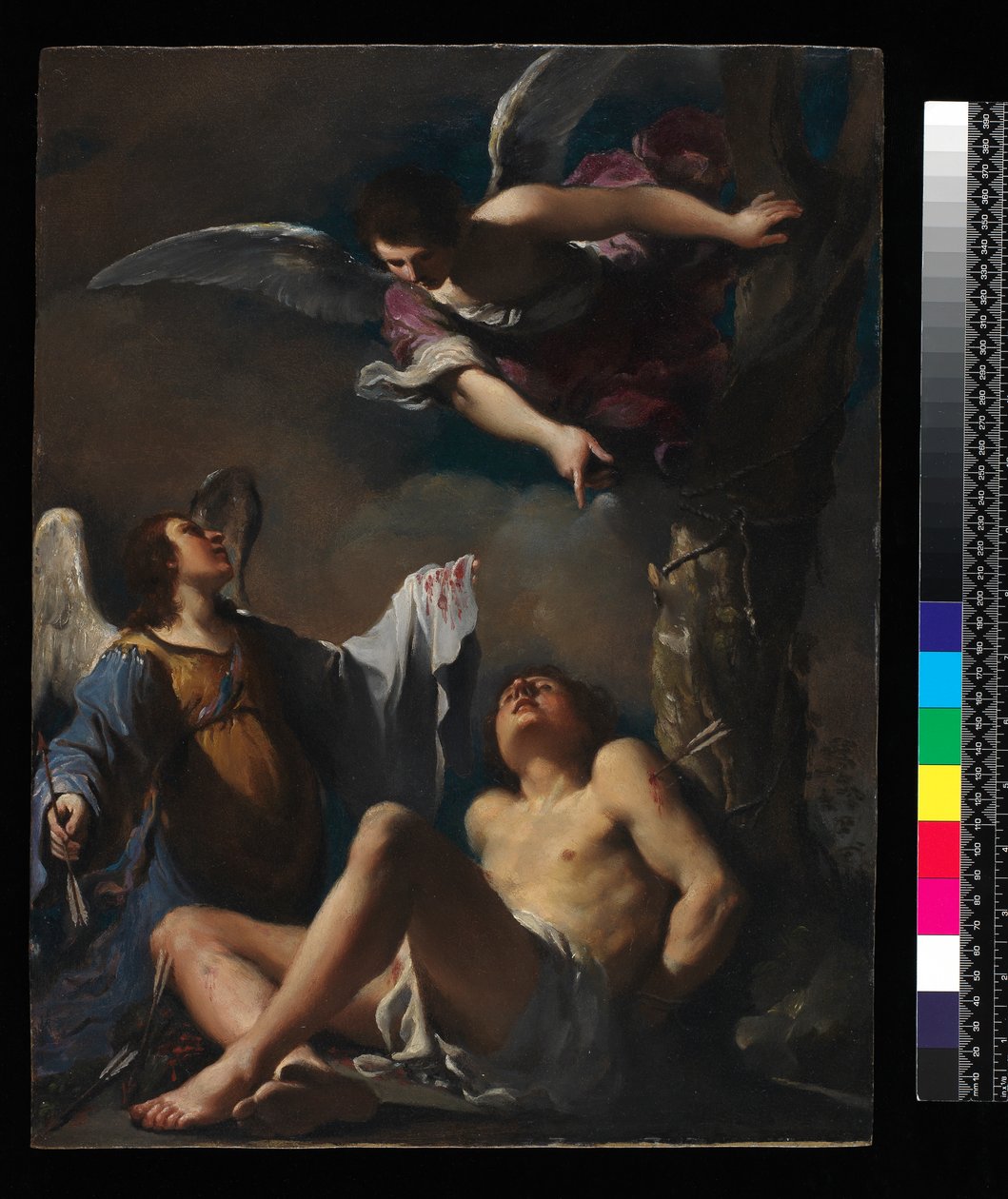 Sint Sebastiaan geholpen door twee engelen, 1617 door Giovanni Francesco Barbieri