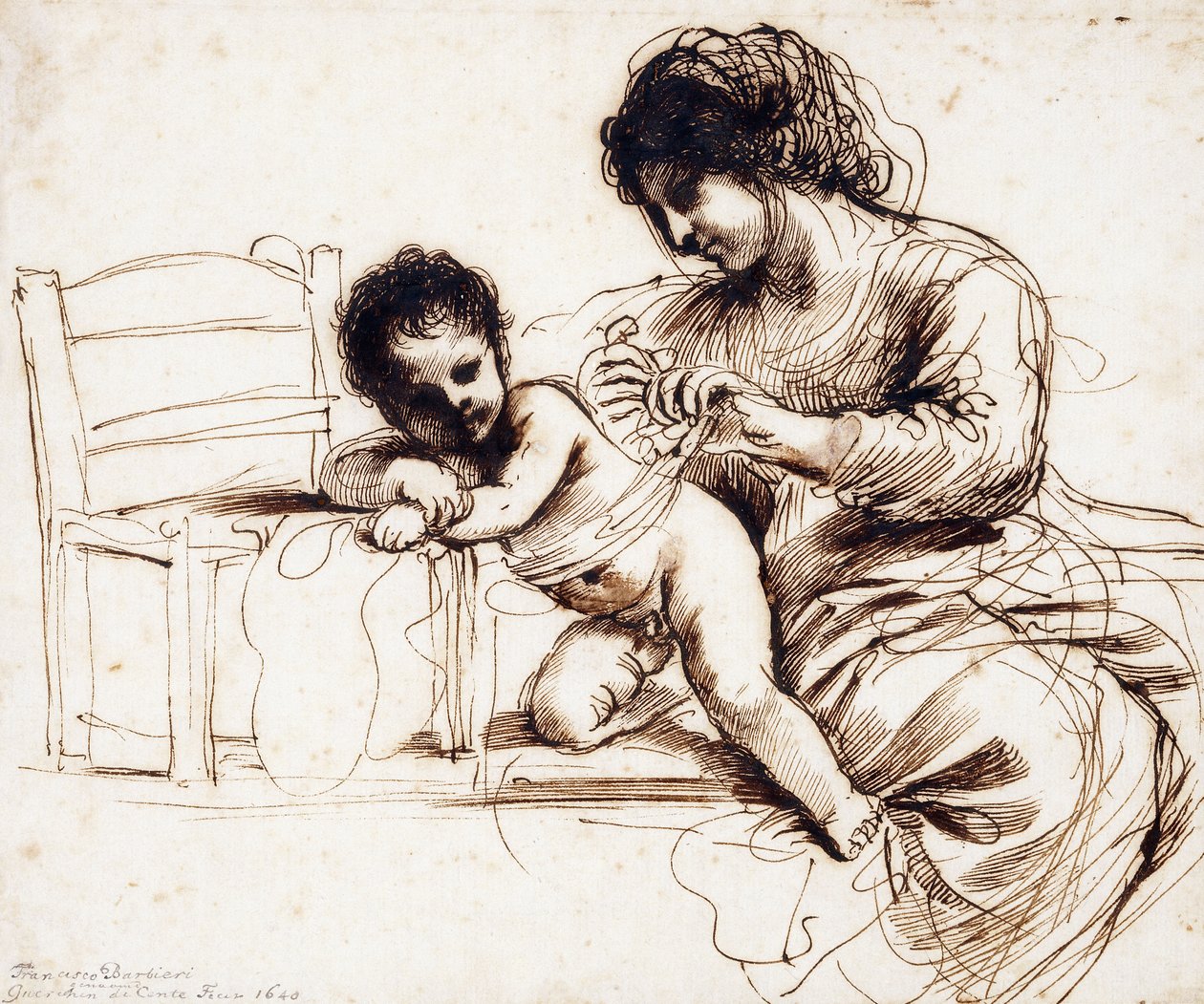 Een moeder en kind bij een stoel door Guercino