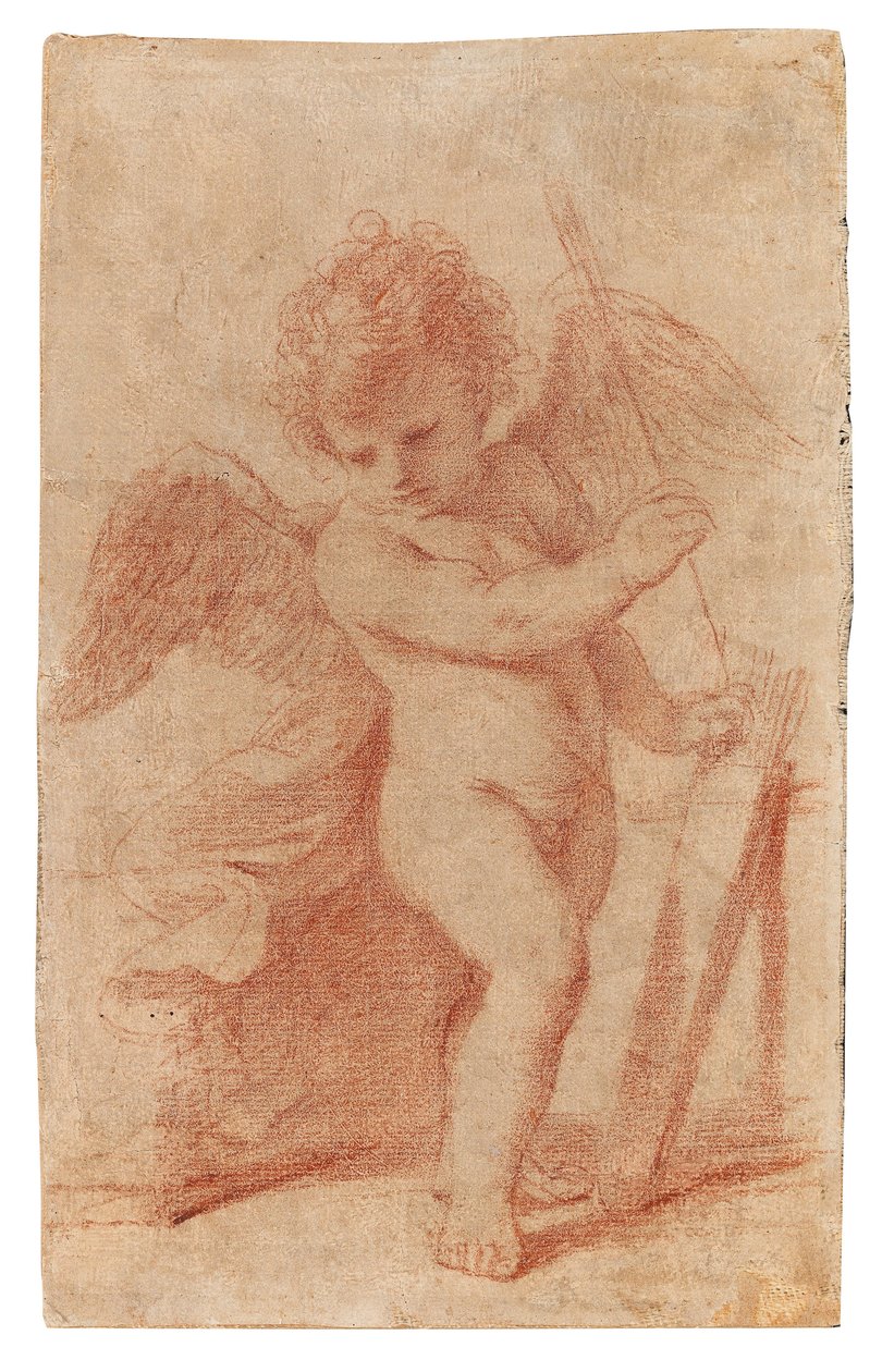 Cupido die een pijl in zijn koker stopt door Guercino