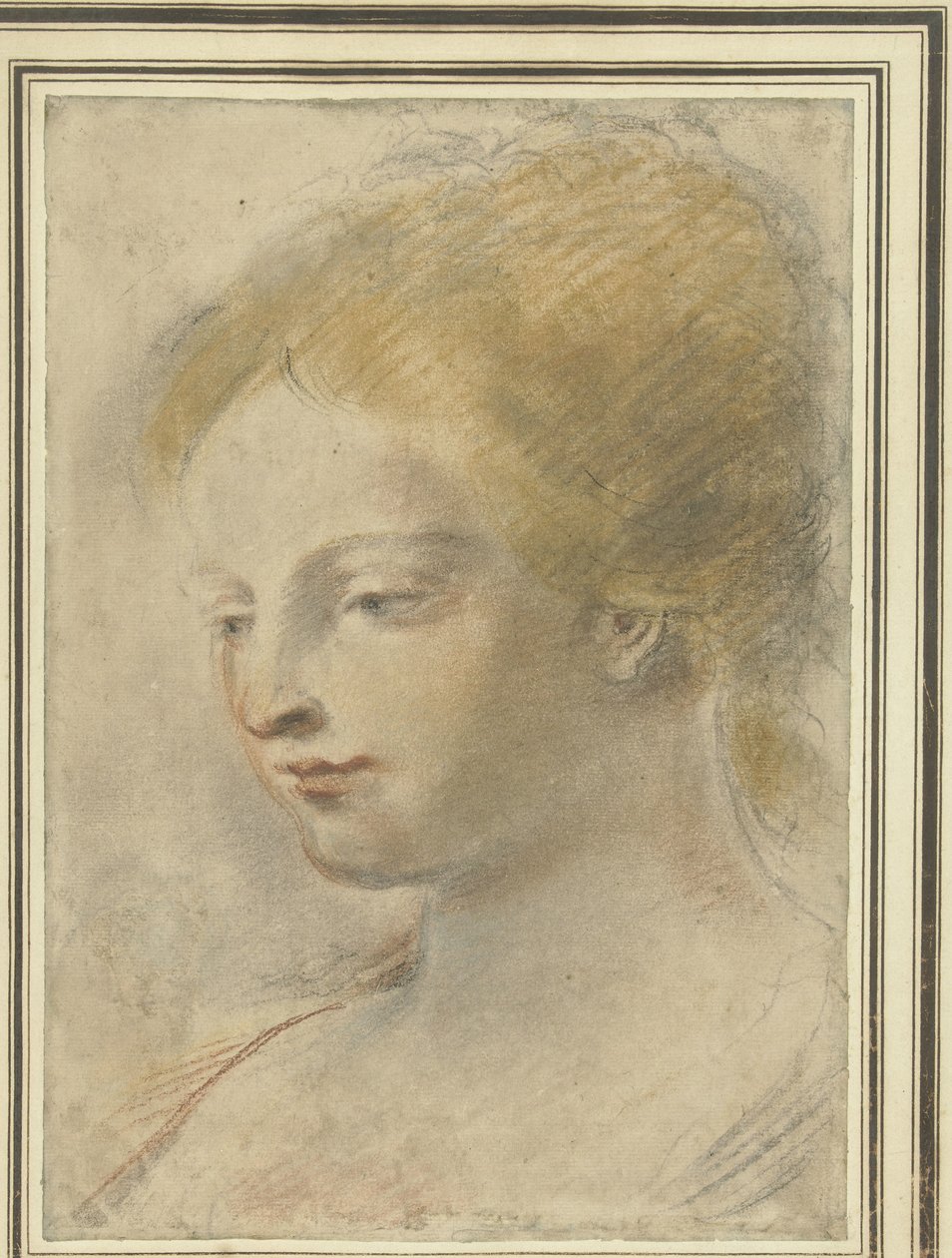 Hoofd van een jonge vrouw, met neergeslagen blik door Guercino