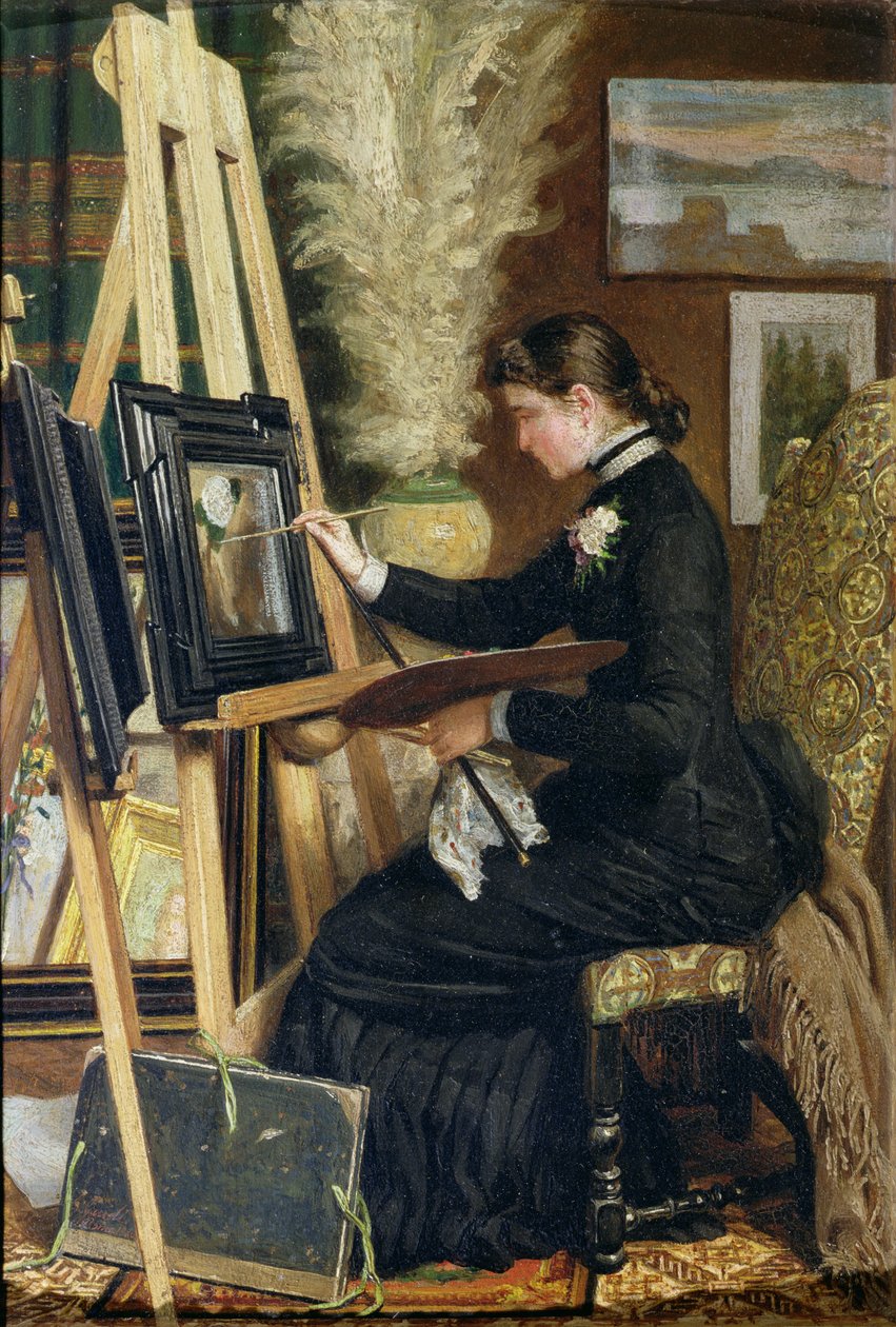 Portret van Josephine Gillow schilderend aan een ezel, 1880 door Guido Guidi