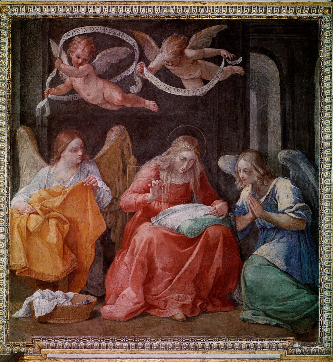 De maagd die naait met twee engelen door Guido Reni