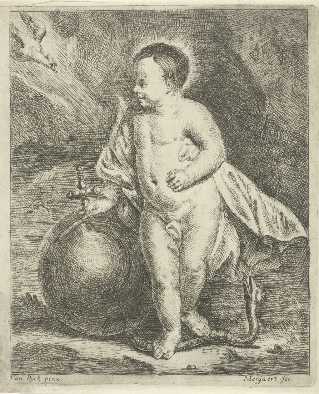 Christuskind met wereldbol en slang door Guillaume Pierre Mensaert