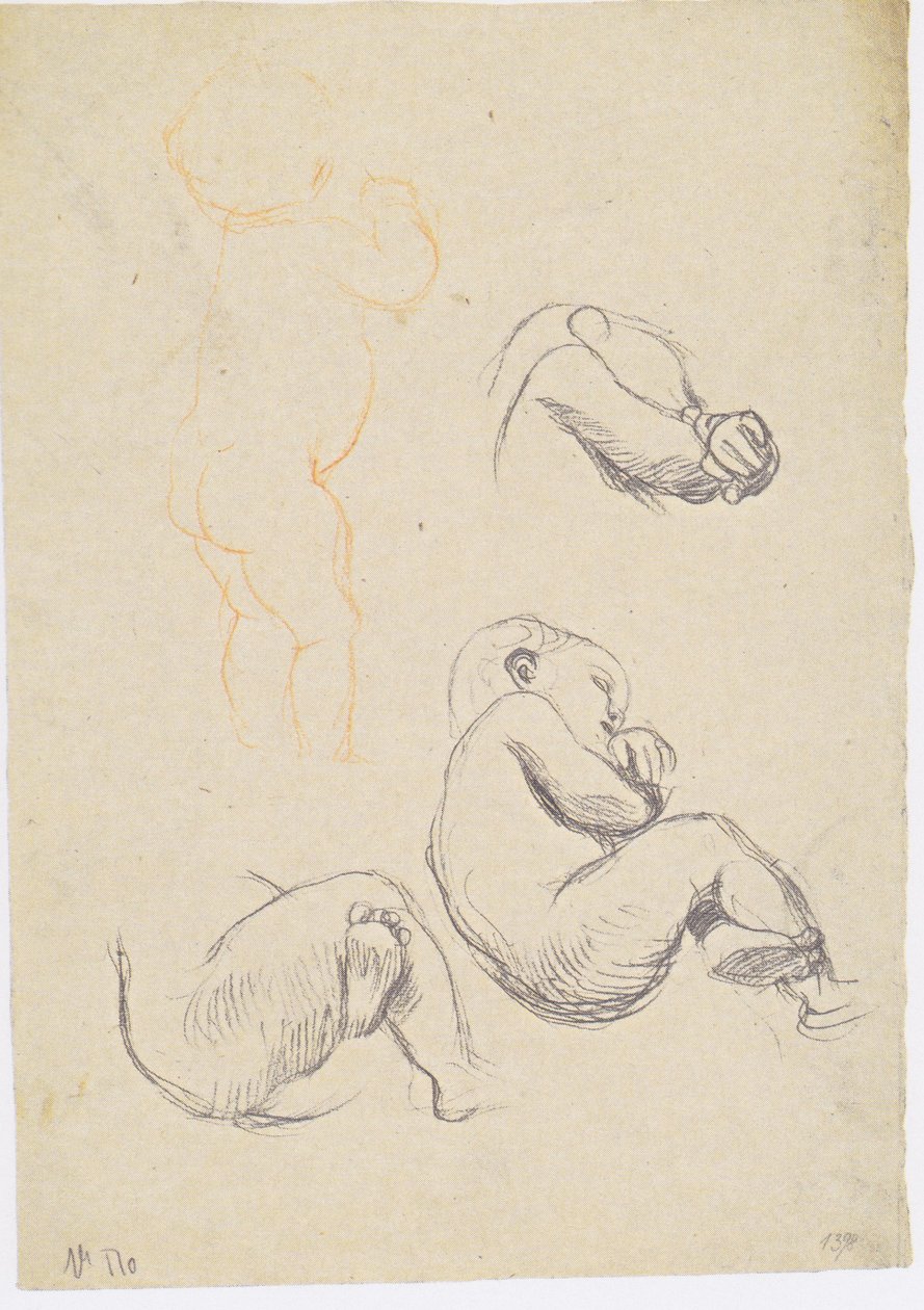 Drie studies van een zittend kind naar rechts, staand kind door Gustav Klimt