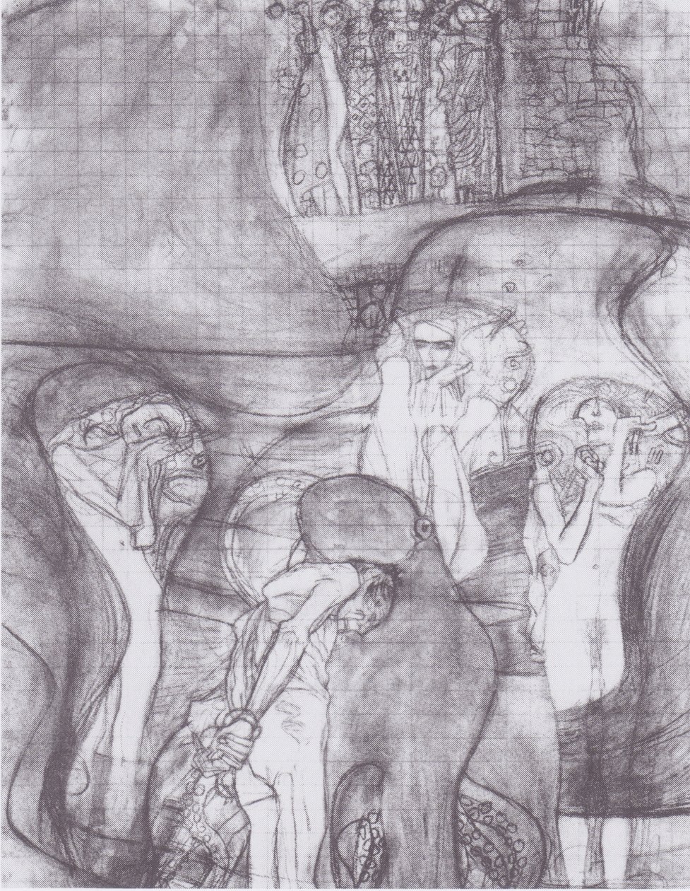 Geschilderd compositieontwerp voor Jurisprudentie door Gustav Klimt