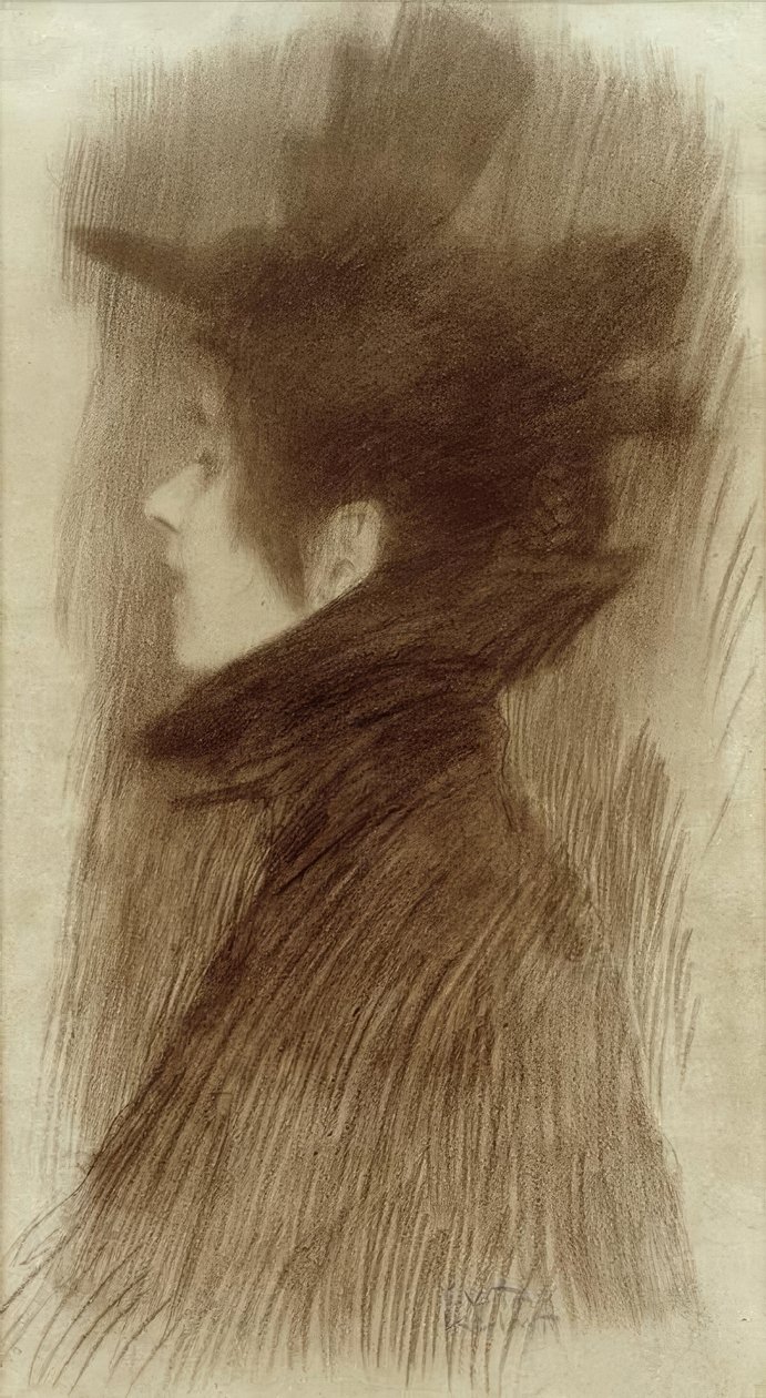 Meisje met hoed en cape in profiel door Gustav Klimt
