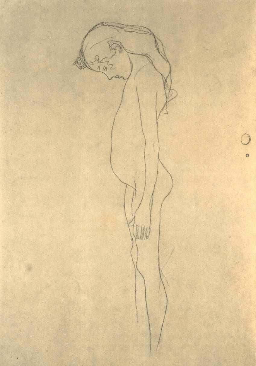 Meisje naakt met gebogen hoofd naar links door Gustav Klimt