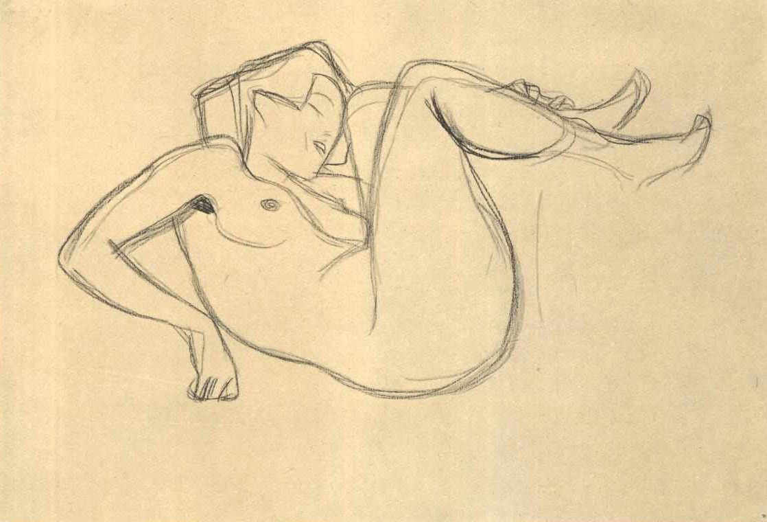 Hurkend meisje naakt met opgetrokken dijen door Gustav Klimt