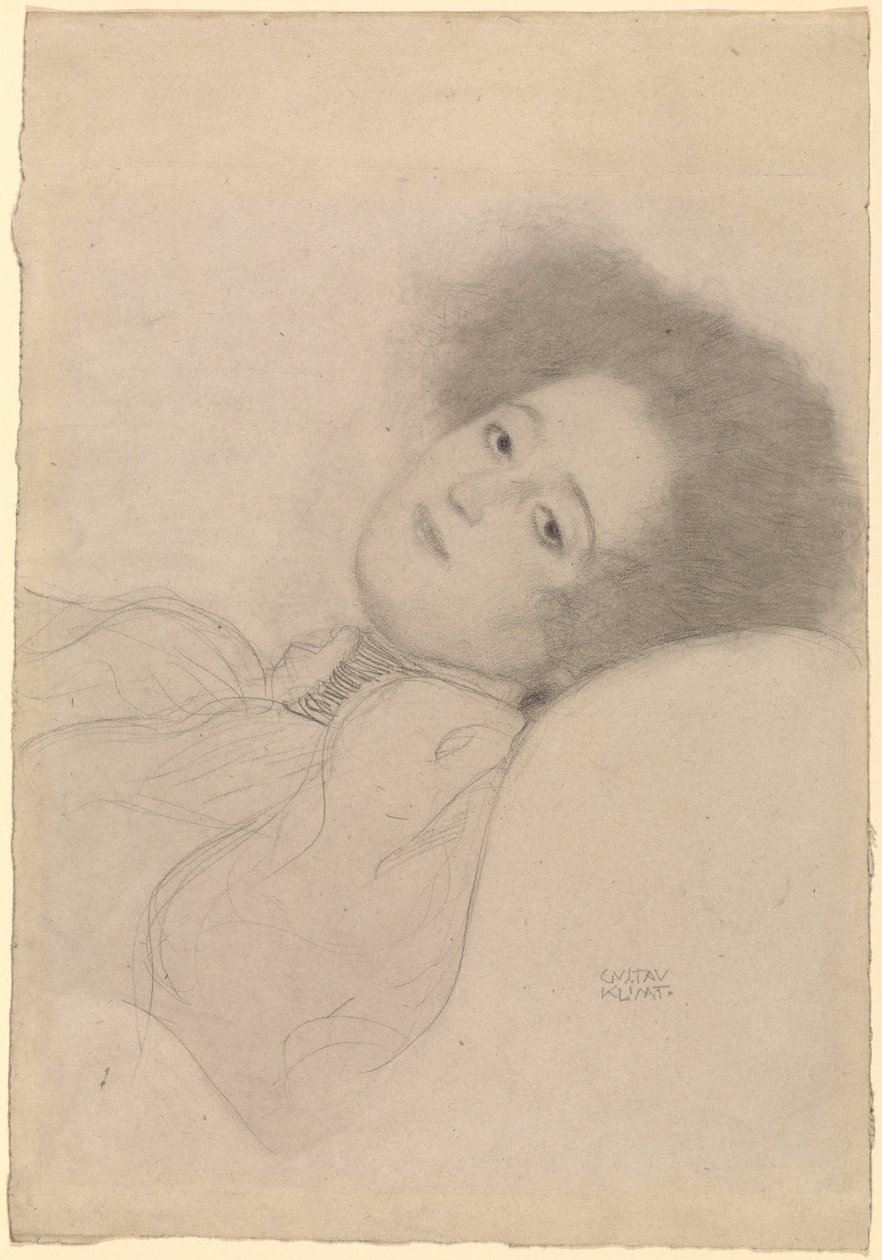 Portret van een jonge vrouw liggend door Gustav Klimt