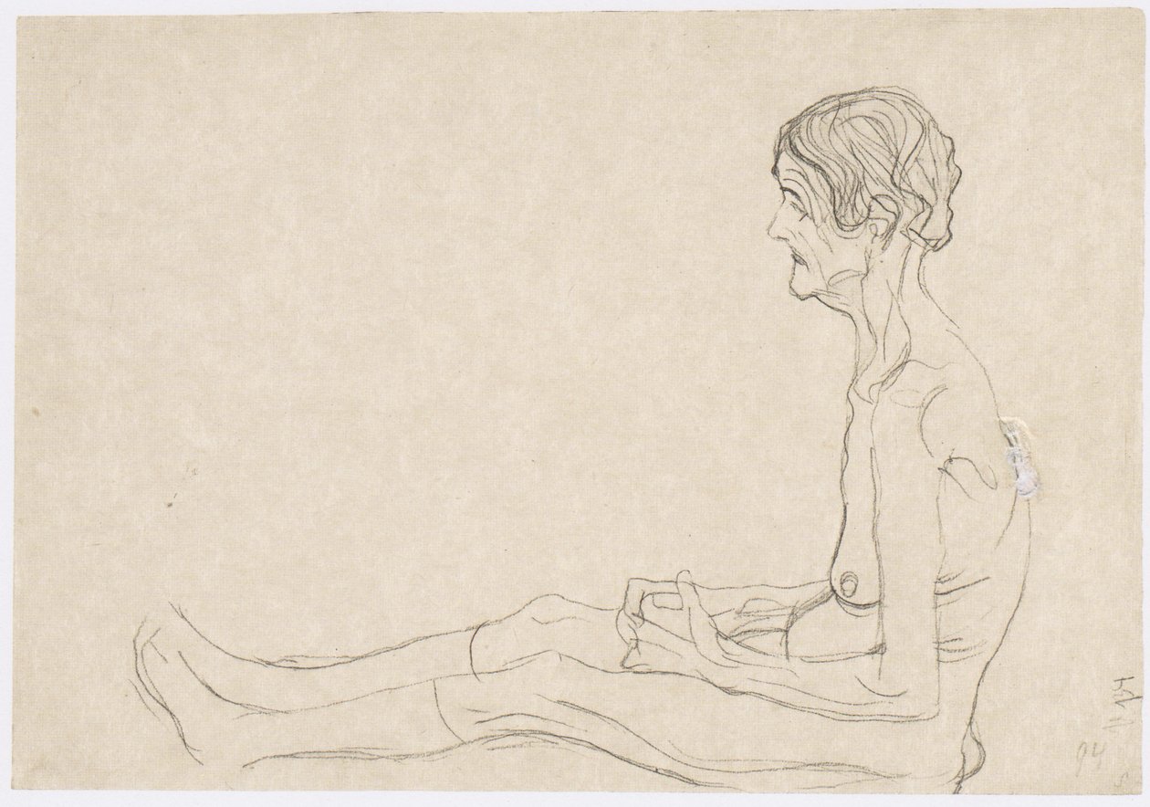 Zittende oude vrouw naar links door Gustav Klimt