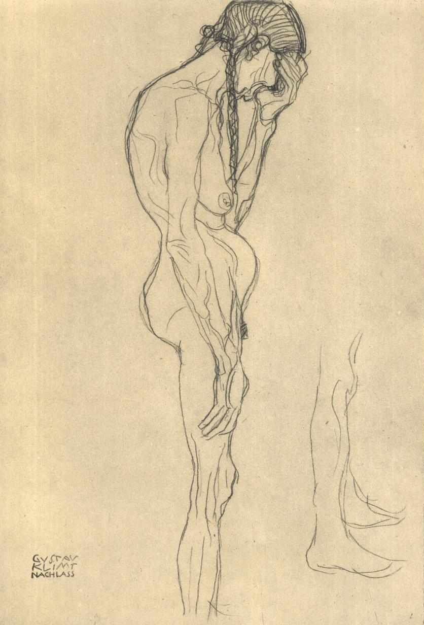 Staande oude vrouw in profiel naar links door Gustav Klimt