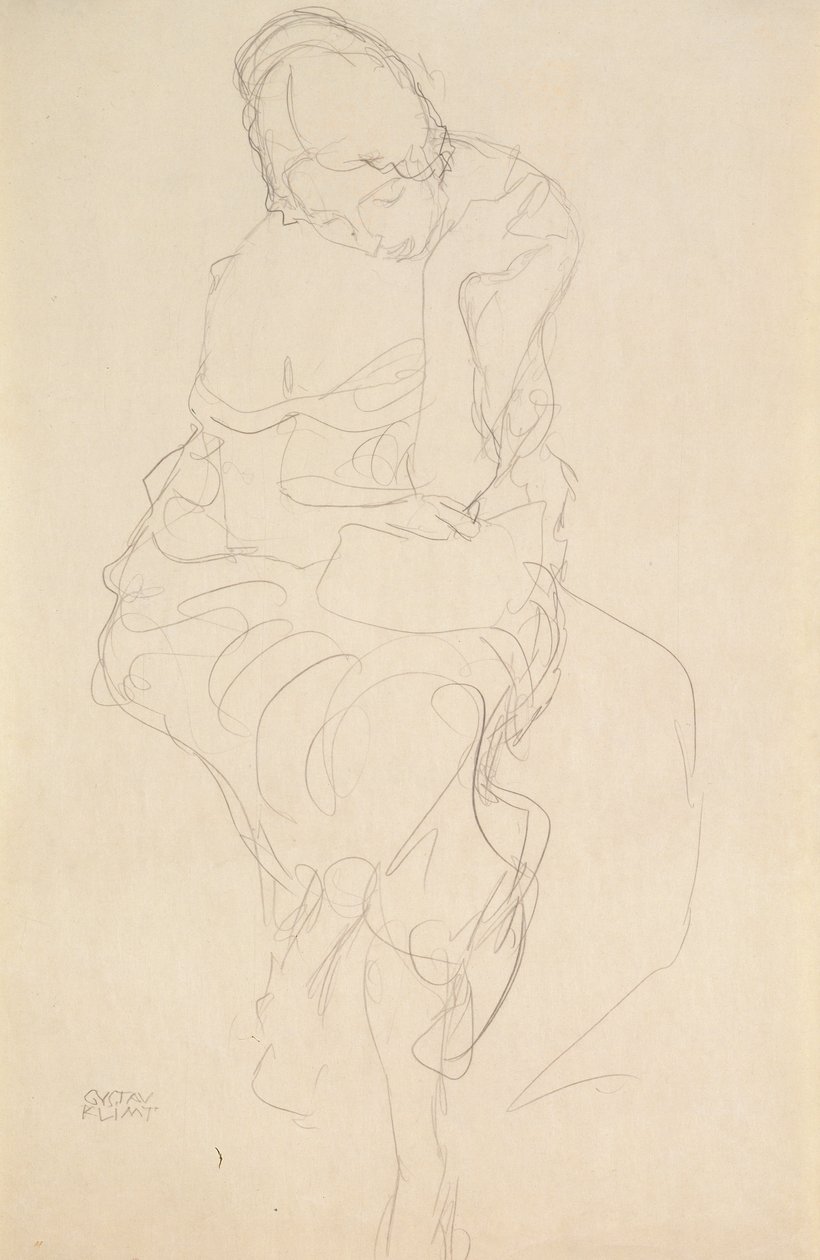Zittend op een kruk van voren door Gustav Klimt