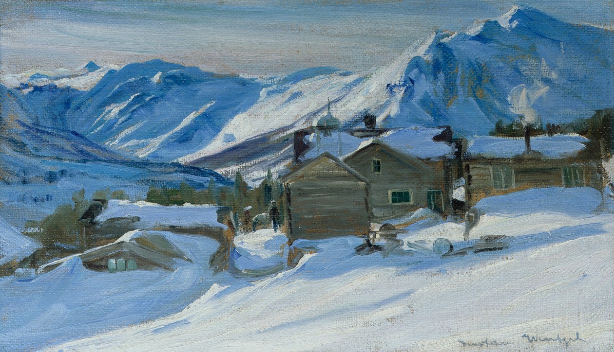Bergboerderij in sneeuwlandschap door Gustav Wentzel