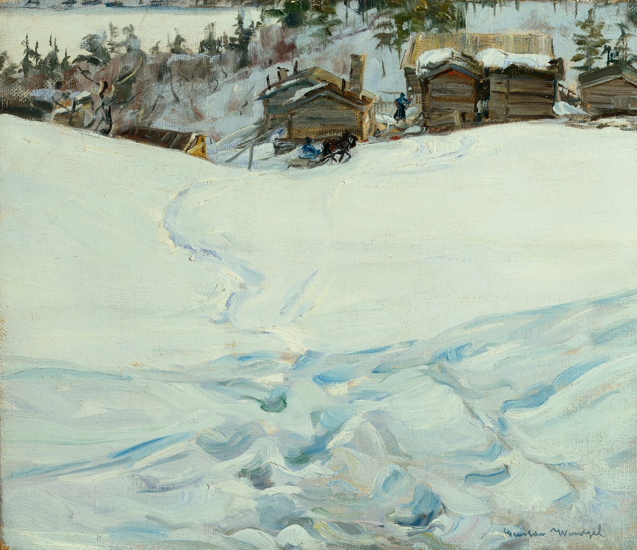 Bergboerderij in winterlandschap door Gustav Wentzel