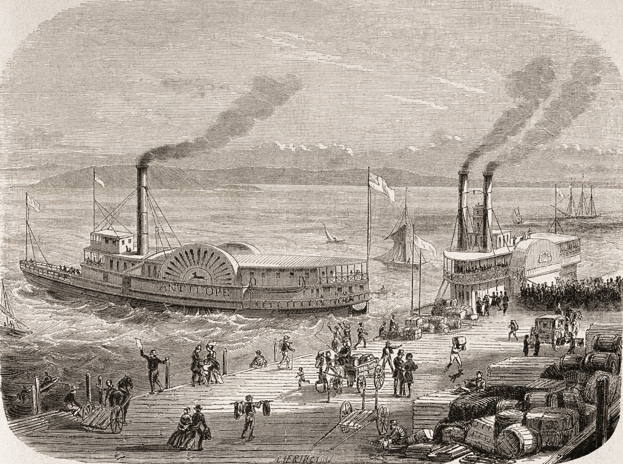 De dokken van San Francisco in de jaren 1860 door Gustave Adolphe Chassevent Bacques