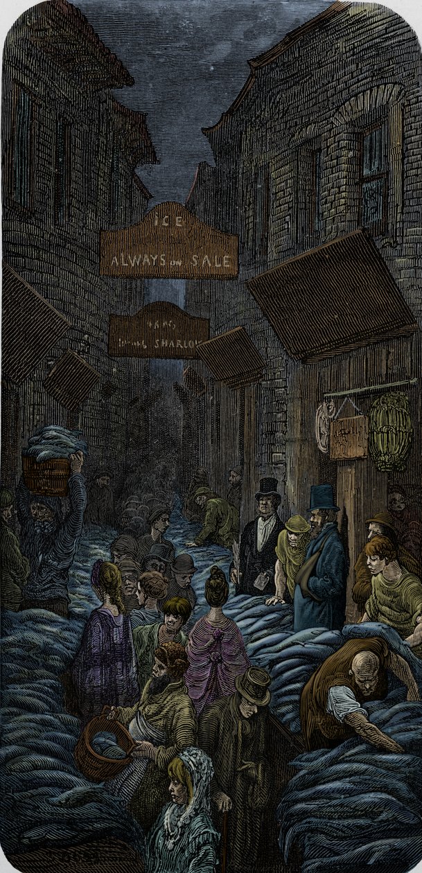 Een Victoriaanse vismarkt door Gustave Dore