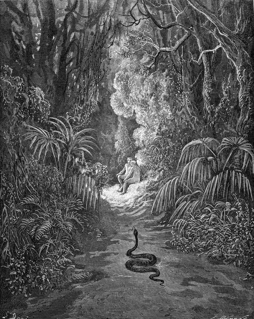 Paradise Lost, door Milton: De slang nadert door Gustave Dore