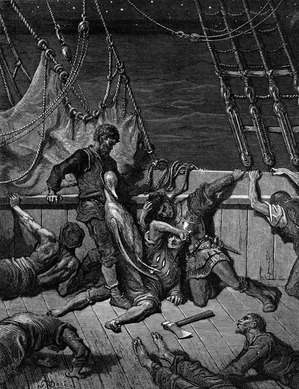 De zeelieden vervloeken de Zeeman, gedwongen om de dode albatros om zijn nek te dragen, scène uit 