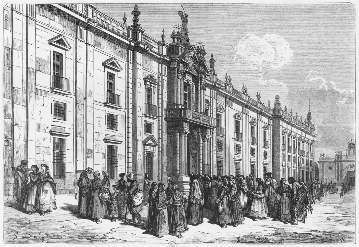 De tabaksfabriek in Sevilla, gegraveerd door Charles Laplante door Gustave Dore