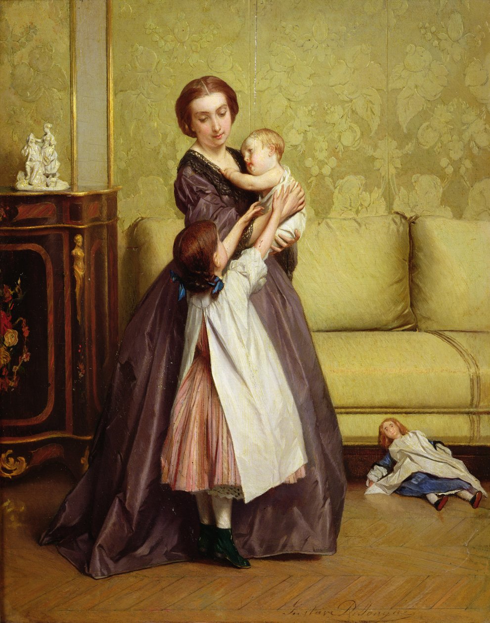 Jonge moeder met haar kinderen in een salon door Gustave Léonard de Jonghe