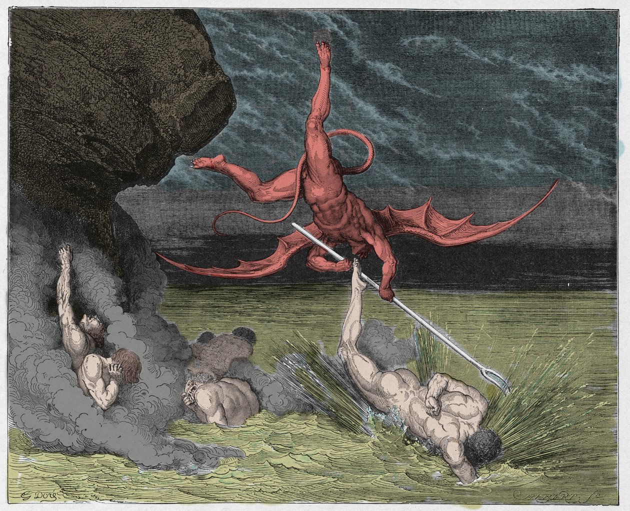 Inferno, Canto 22: Ciampolo ontsnapt aan de demon Alichino in de vijfde bolgia, illustratie uit De Goddelijke Komedie van Dante Alighieri, 1885 (digitaal ingekleurde gravure) door Gustave after Dore