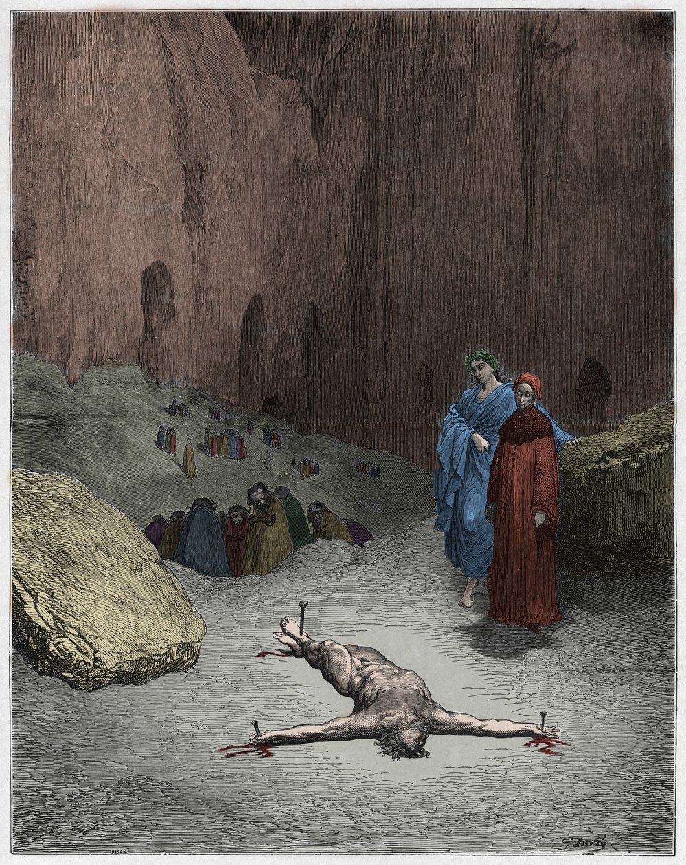 Inferno, Canto 23: Een gekruisigde Farizeeër onder de hypocrieten, illustratie uit De Goddelijke Komedie van Dante Alighieri, 1885 (digitaal ingekleurde gravure) door Gustave after Dore
