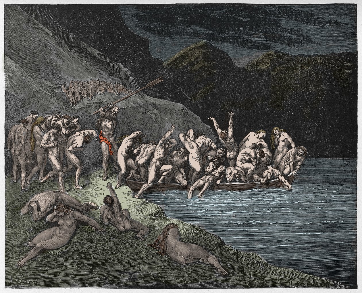 Inferno, Canto 3: De verdoemde zielen die zich inschepen om de Acheron over te steken, illustratie uit De Goddelijke Komedie van Dante Alighieri, 1885 (digitaal ingekleurde gravure) door Gustave after Dore