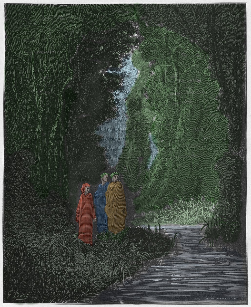 Purgatorio, Canto 28: Dante, Vergilius en Statius in het oude woud van het aardse paradijs, illustratie uit De Goddelijke Komedie van Dante Alighieri, 1885 door Gustave after Dore