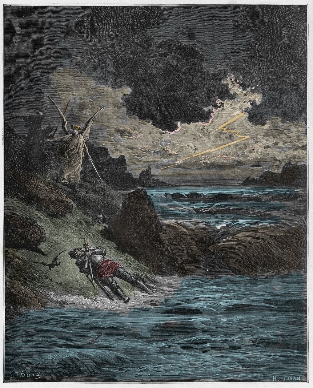 Purgatorio, Canto 5: Het lichaam van Buonconte da Montefeltro in de Arno, illustratie uit De Goddelijke Komedie van Dante Alighieri, 1885 (digitaal ingekleurde gravure) door Gustave after Dore