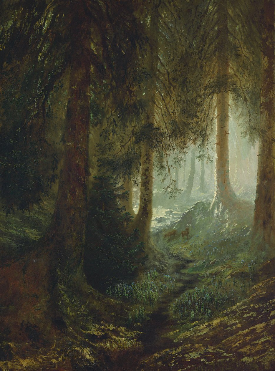 Herten in een boslandschap door Gustave Dore