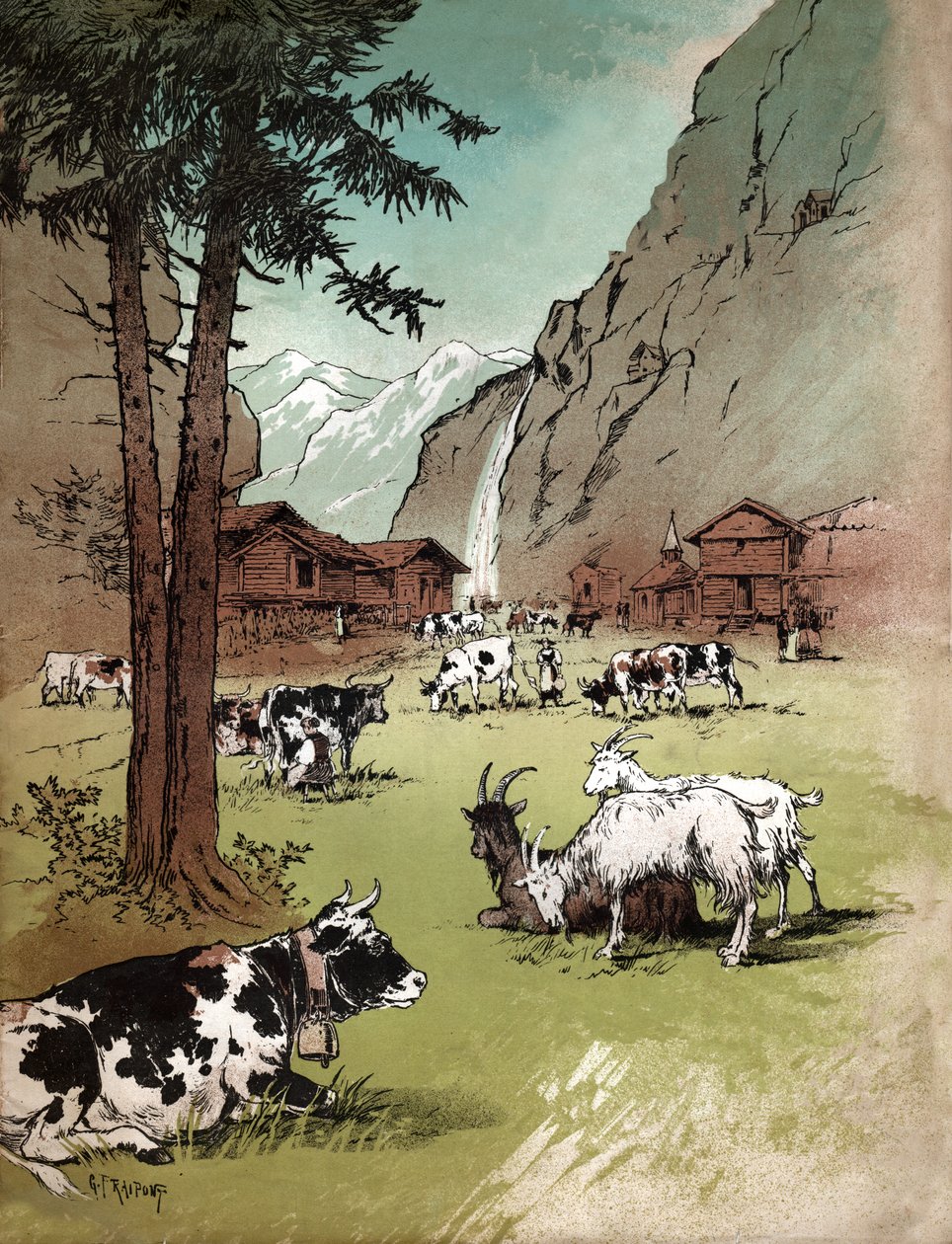 Boerderij in Zwitserland (Illustratie, ca. 1910) door Gustave Fraipont