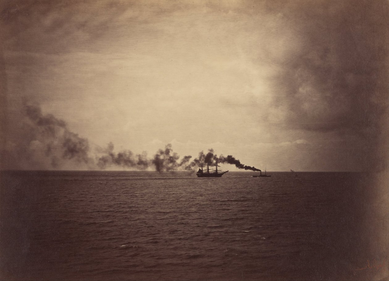 Zeegezicht met zeilschip en sleepboot door Gustave Le Gray