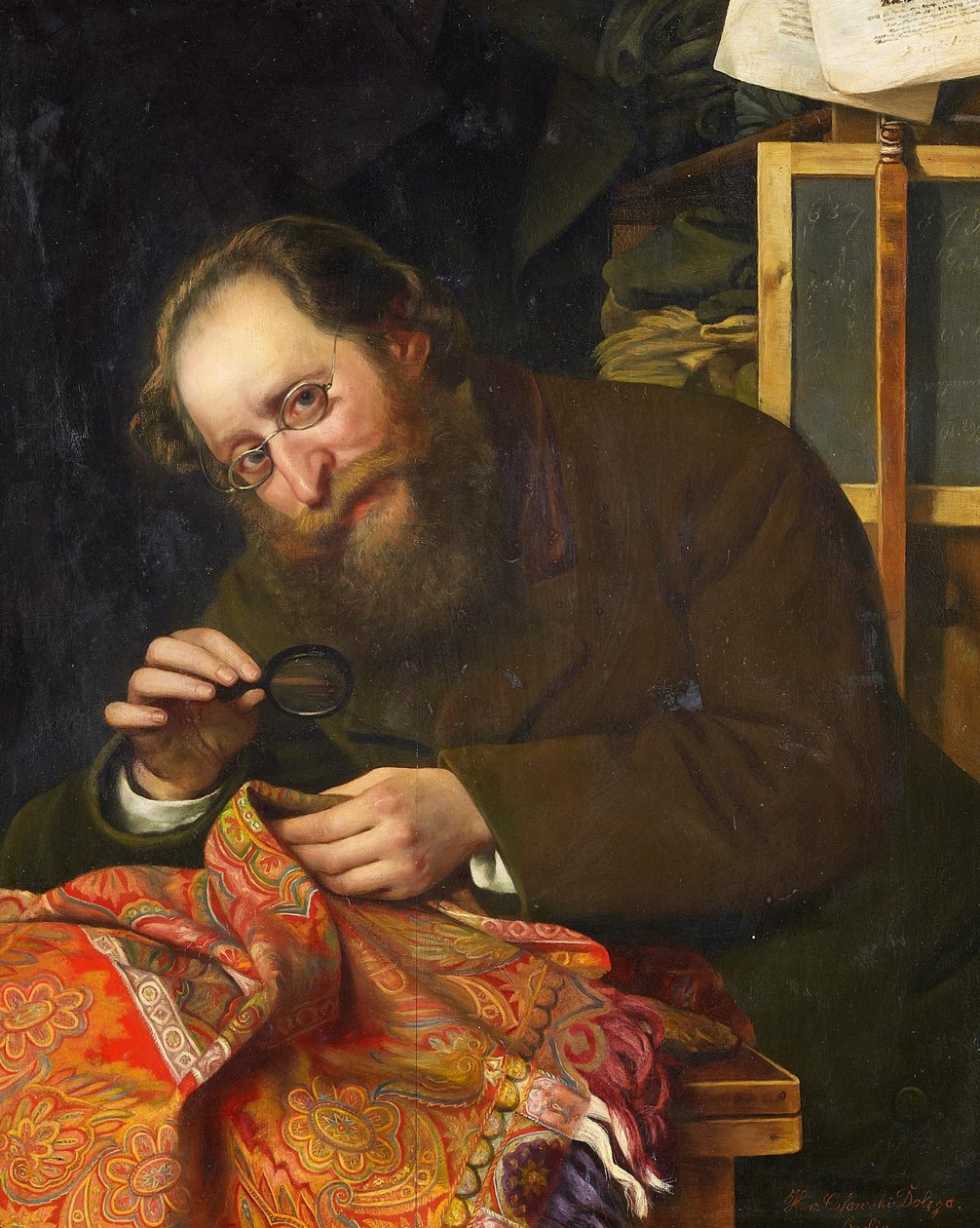 Portret van een bebaarde heer, een wandtapijt bestuderend met een loep door H. von Ossowski Dolega