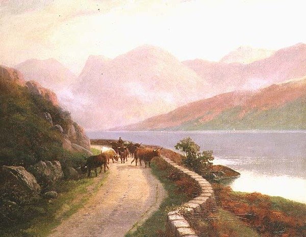 Veedrijver met koeien bij Lake Buttermere, avond door H.R. Hall