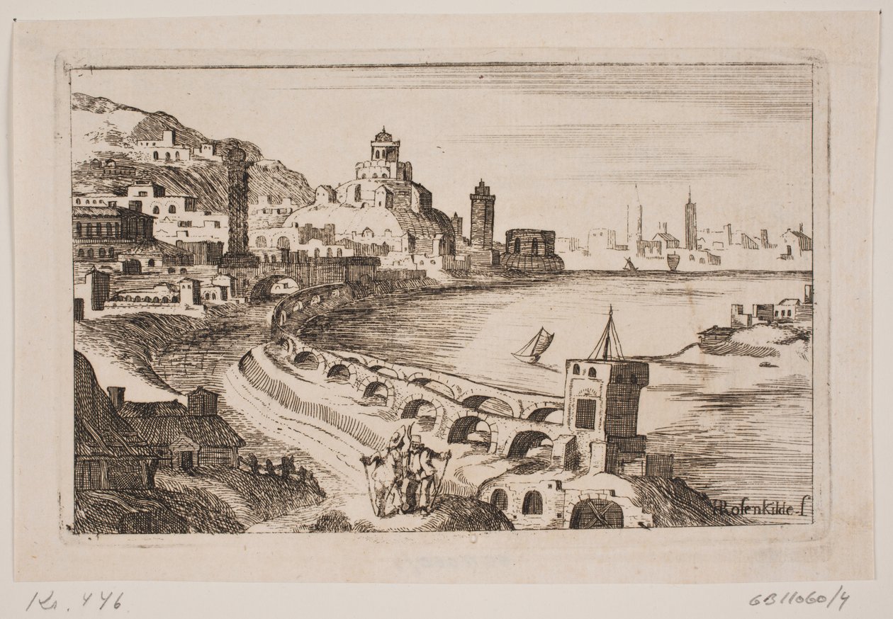 Rivierbank met oosterse stad door H. Rosenkilde