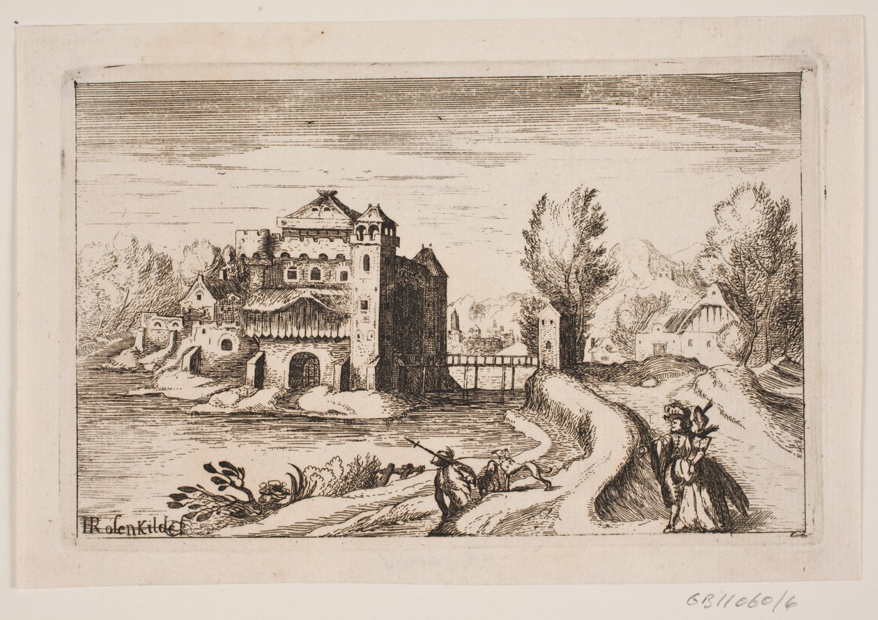 Rivierlandschap met kasteel op een heuvel door H. Rosenkilde