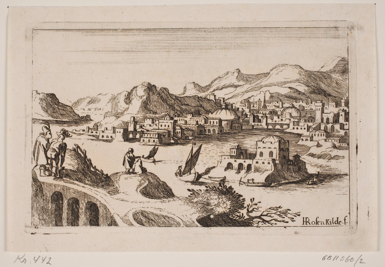 Kustlandschap met oosterse gebouwen door H. Rosenkilde