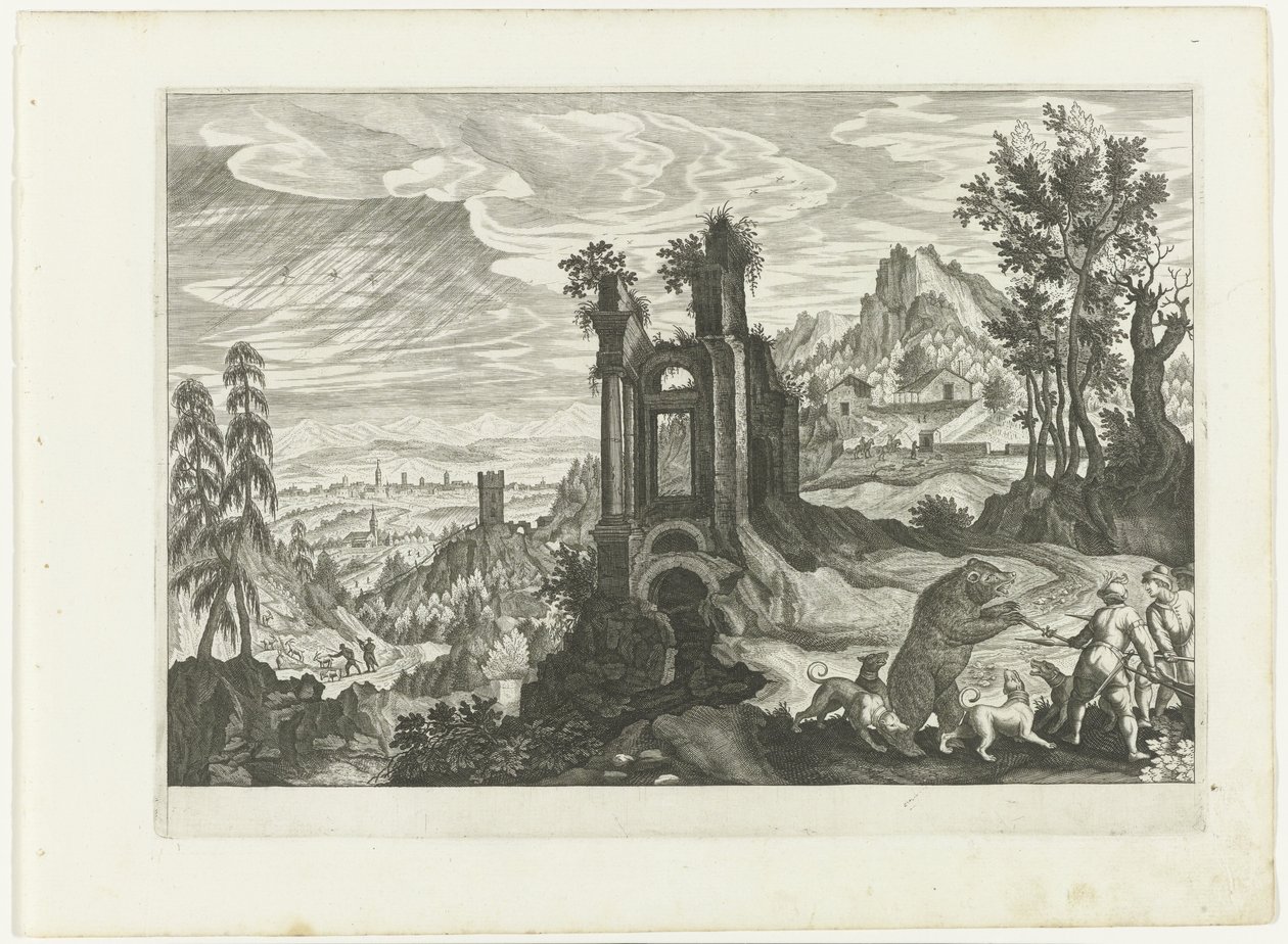 Landschap met berenjacht door H. van Schuppen