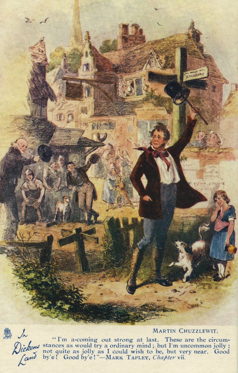 In Dickens Land - Martin Chuzzlewit ansichtkaart, ca. 1907 door Hablot Knight Browne